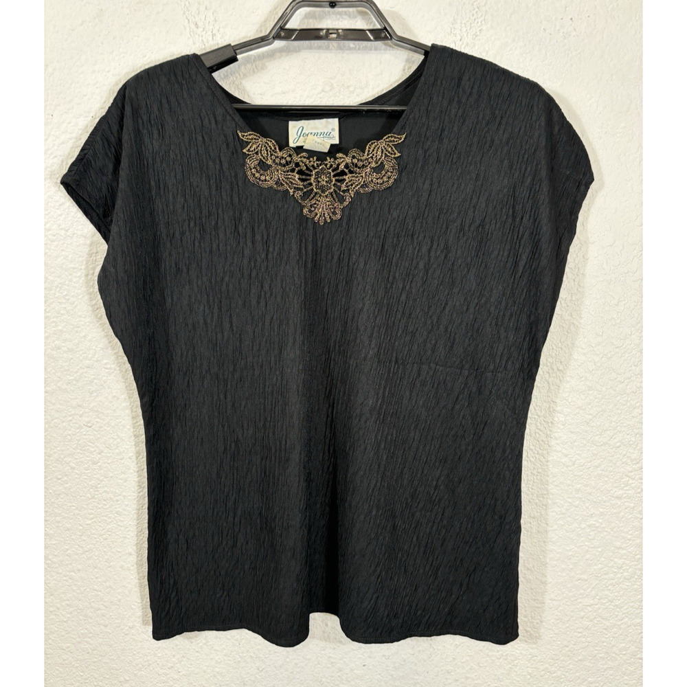 Vintage 80s Joanna Top Size L Textured Black Gold Accents Polyester Short Sleeve